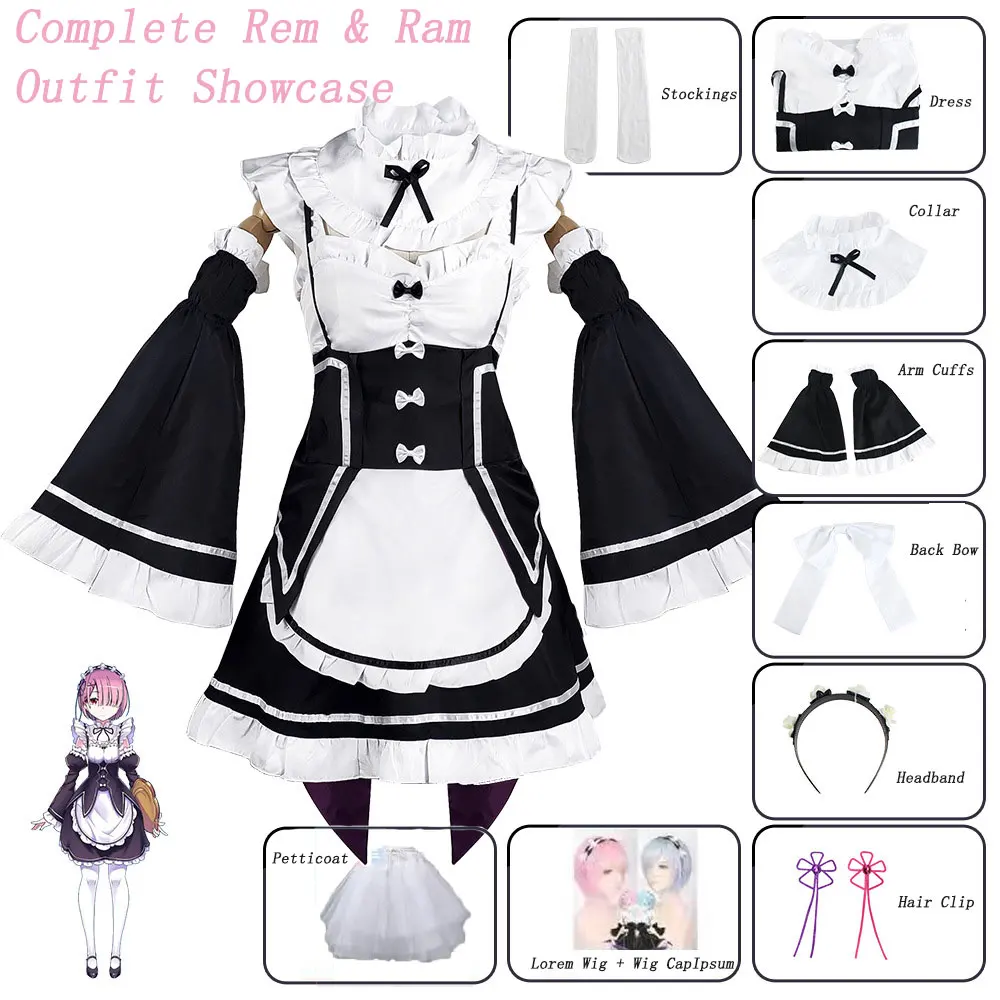 Costume de cosplay Anime Ram Rem Maid Re Life In A Different World From Zero pour femmes, robe Loli, costume de fête d'Halloween