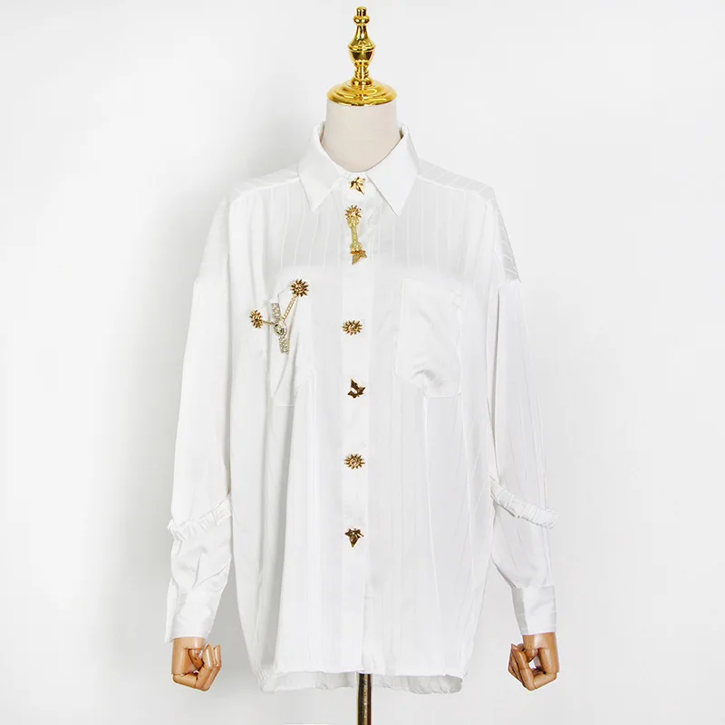 Irregular button solid color women blouse autumn new lapel single-breasted white shirt