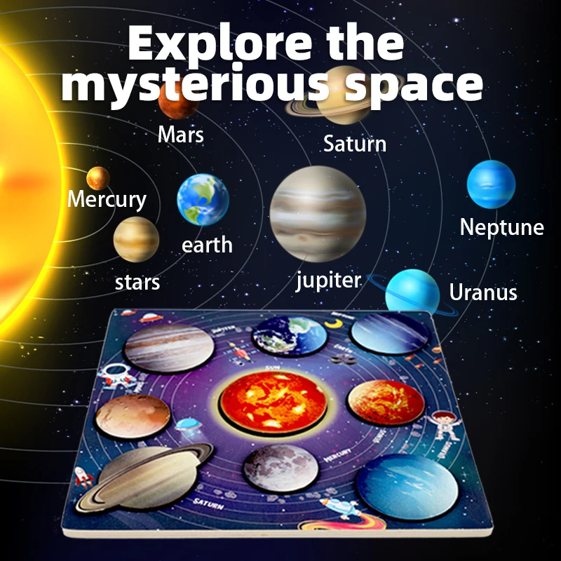 Crianças de madeira espaço planeta quebra-cabeças sistema solar planetas brinquedos planeta jogo correspondência jigsaw bandeja universo ciência aprendizagem brinquedo