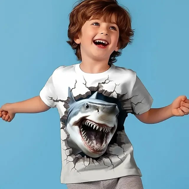 男の子用の3Dサメ柄Tシャツ,半袖,スポーツファッション,ポリエステル,ラウンドネック,カジュアル,毎日,子供,大人,夏