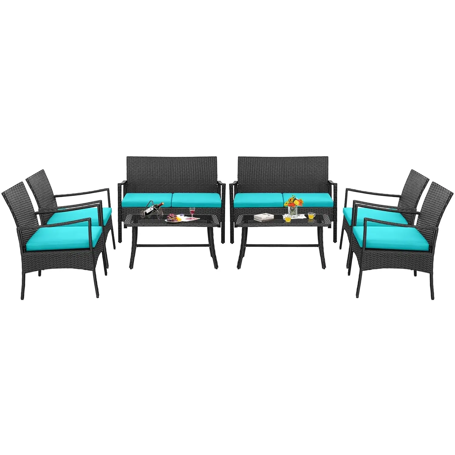 

8pc PE Wicker Patio Furniture Set Sectional Sofa Chairs Cushions Glass Coffee Table Outdoor Pool Backyard Garden, Customized