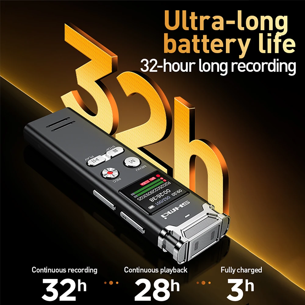 مسجل صوت رقمي جهاز تسجيل صوتي احترافي صغير محمول في الوقت الحقيقي الإملاء المزدوج ميكروفون Denoise مشغل Mp3