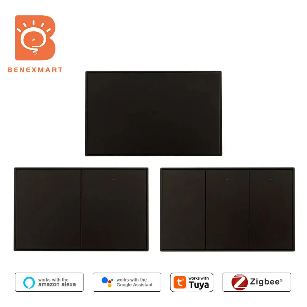 

Benexmart Zigbee US AU Wall Light Switch No Neutral 1 2 3 Gangs Black Interruptor Work with Tuya Smartthings Alexa Google Home