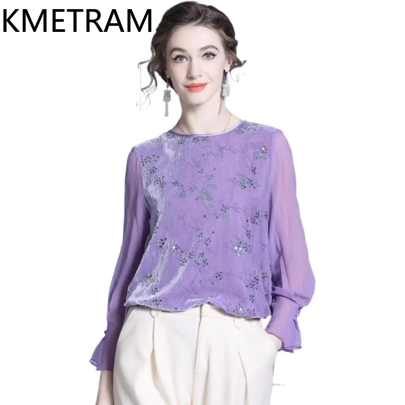 KMETRAM 100% Mulberry Silk Tops for Women 2026 Spring High-end French-style Embroidered Velvet Long-sleeved Tops Blusa Feminina