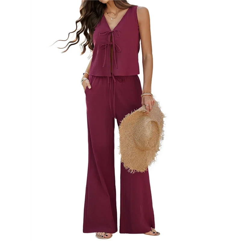 BAAO-Womens 2 Piece Outfits V Neck Tie Waist Vest And Wide Leg Casual Pants Sets