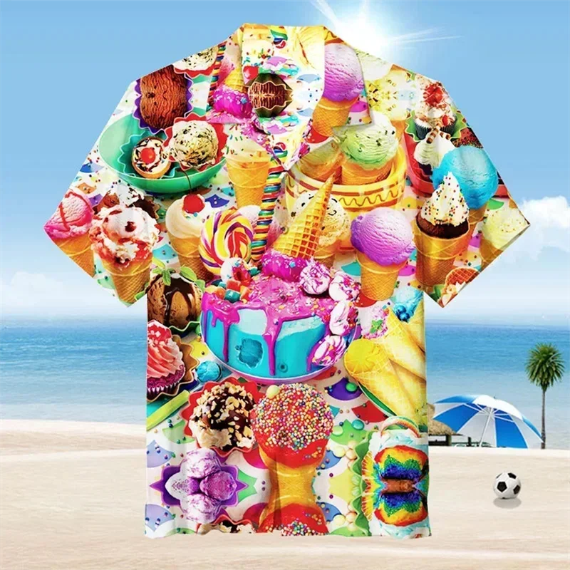 Men's summer 3D printed beach party breathable loose ice cream printed short sleeved shirt