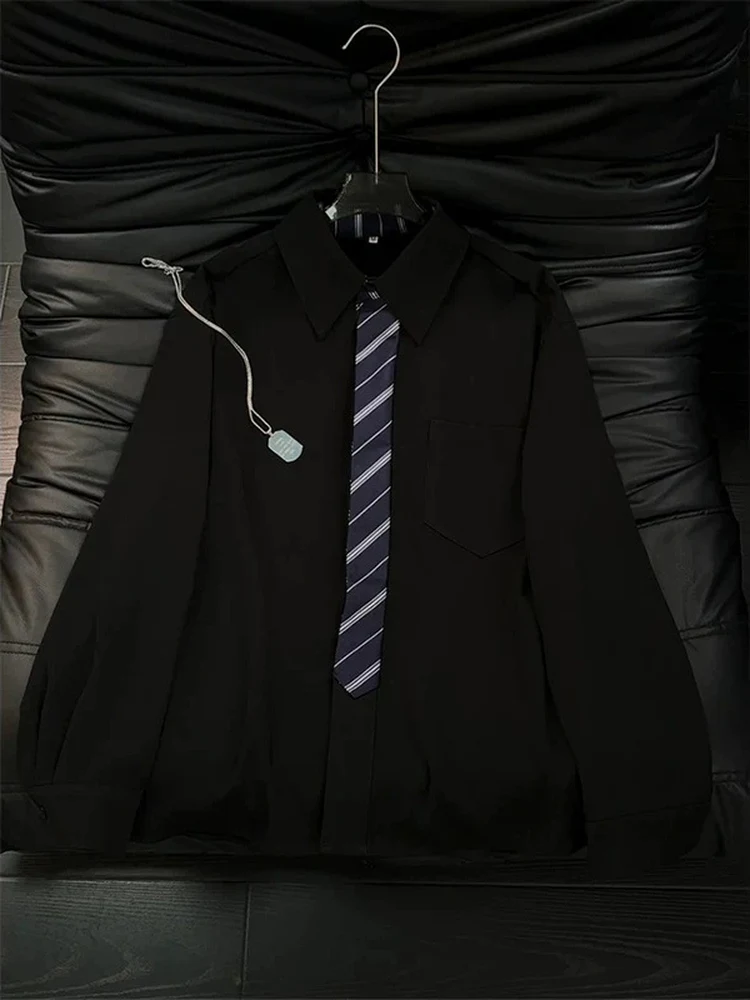 American Style Patchwork Long Sleeve Shirt with Fake Tie Design Cool And Handsome Men's Autumn Fashion Loose Fit Cardigan Coat