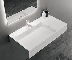 

Solid Surface Hand Washing Basin Modern Design Wall Hung Bathroom GM High-End Single-Hole Rectangular White Artificial Stone