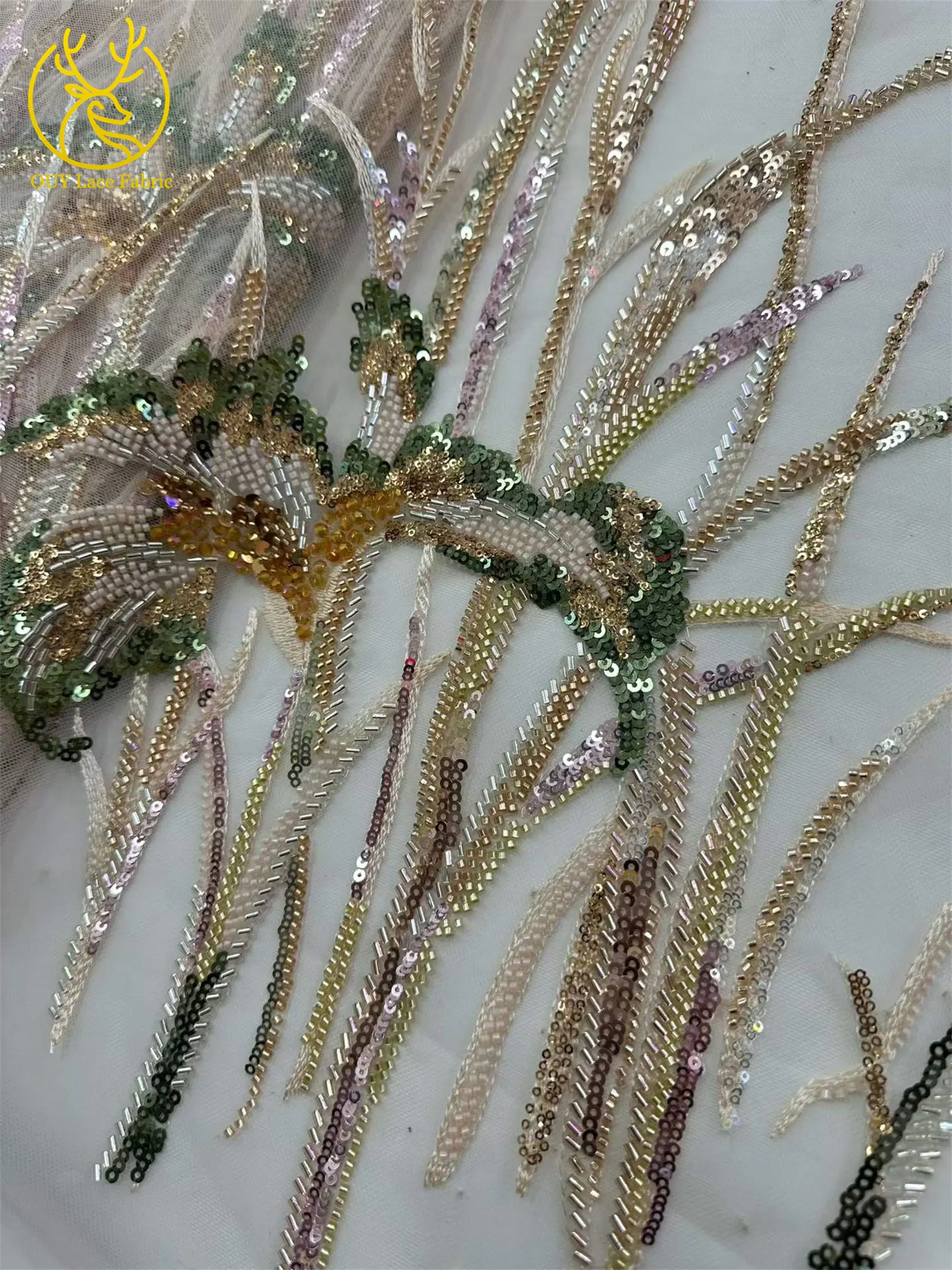 Modischer Afrikanischer Perlen-Pailletten-Spitzenstoff 2026 Hochwertiger Französischer Tüll Nigerianisches Damen-Abendkleid Nähzubehör 5 Yards – Detail 6