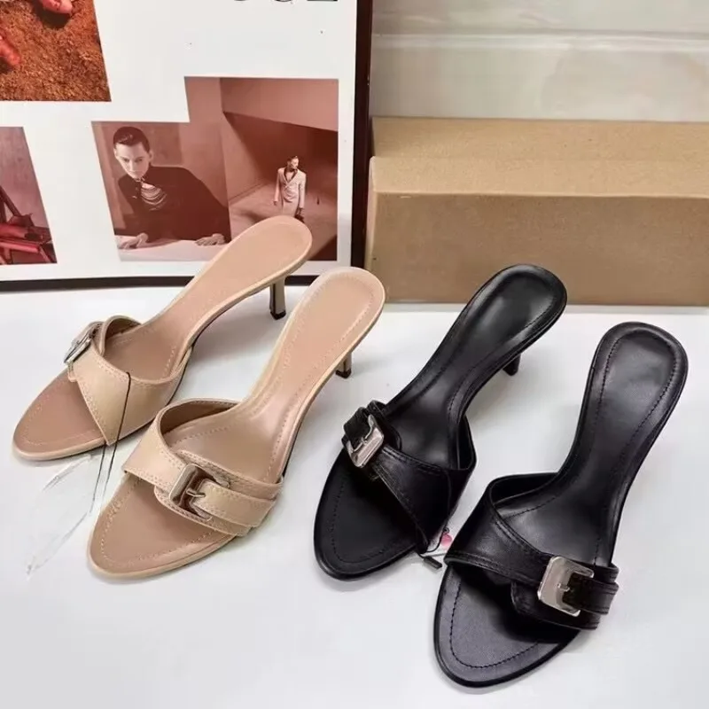 

Fashion Round Toe Open Toe Metal Belt Buckle Stiletto Heel Temperament Cool Mopping New Summer Women's Shoes