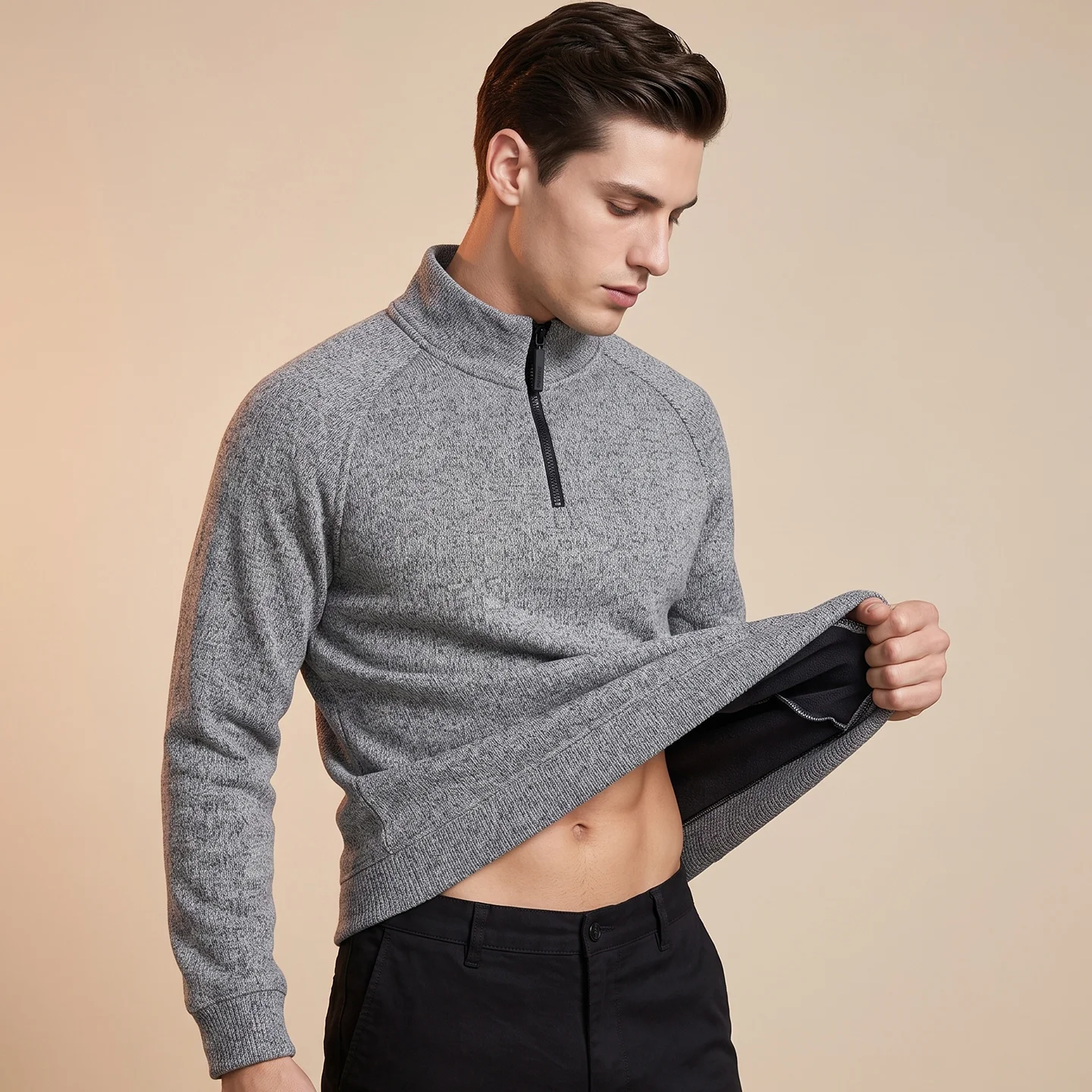 Autumn Winter Men's Zipper Pullover Sweater Knitted Long Sleeve Casual Streetwear Warm Fleece Line Gray Social Daily Sports Coat