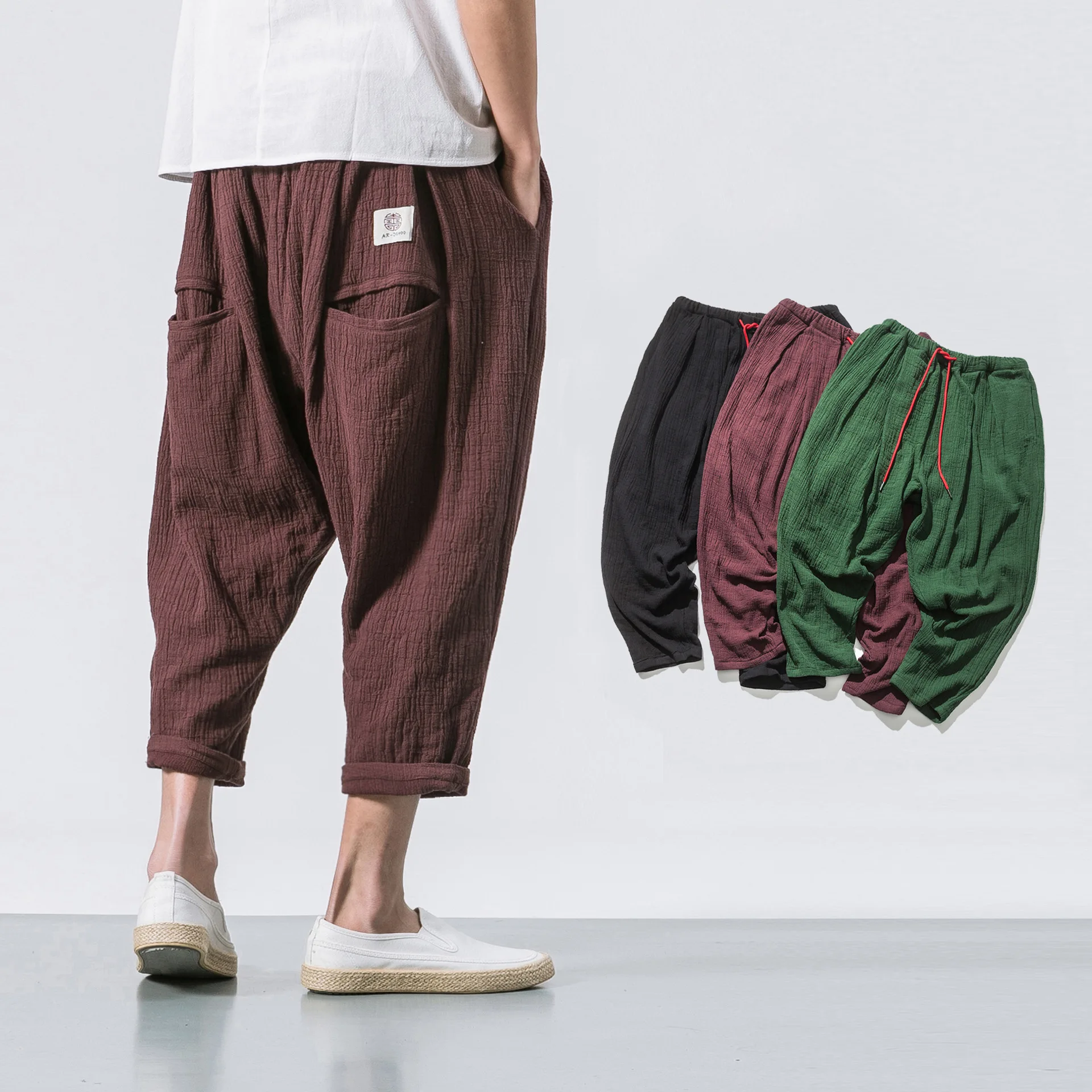 

Cotton Linen Men Yoga Pants with Pocket Plus Sze Loose Wide Leg Harem Crotch Pants Sweatpants Running Jogger Fitness Casual Pant