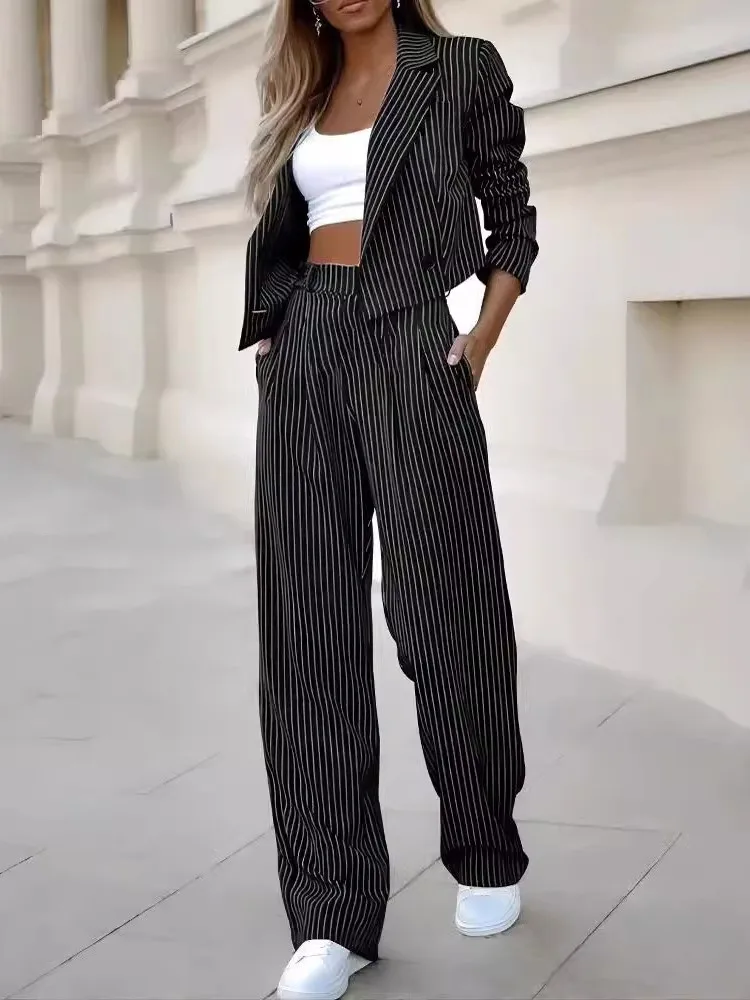 Temperament Stripe Pants Sets Women Fashion Short Blazer High Waist Straight Trousers Two Piece Set Lady Commuting Clothing Suit