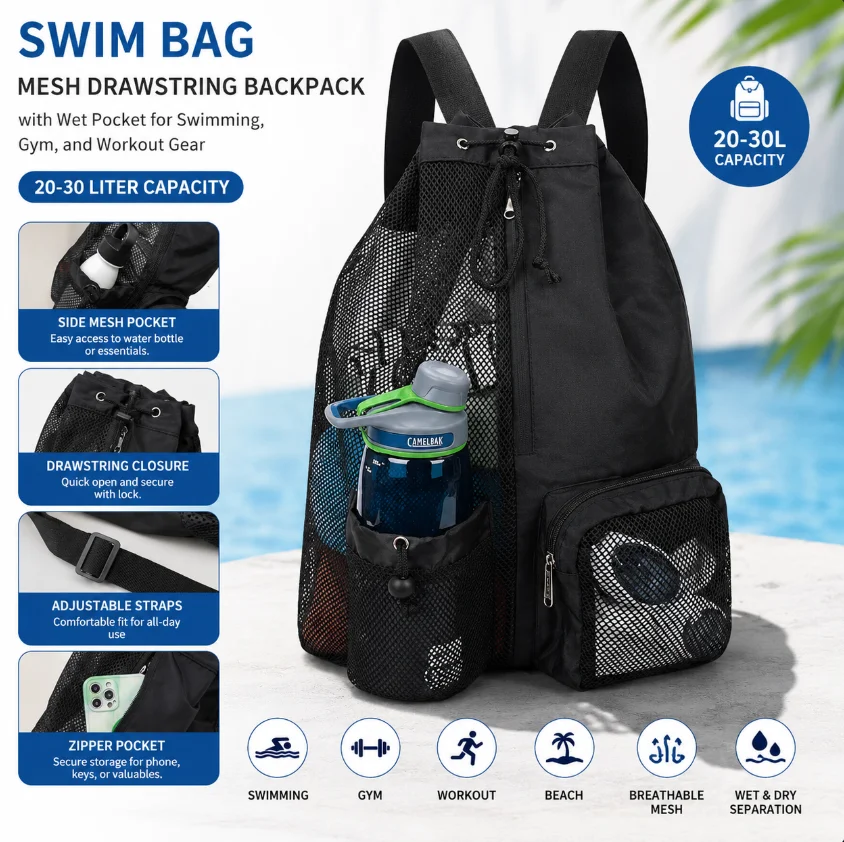 Mesh Drawstring Gym Bags for Swimming Pool Sports Beach Mesh Drawstring Backpack for Men Women Swimmers Workout Gear Cinch Bag image 4