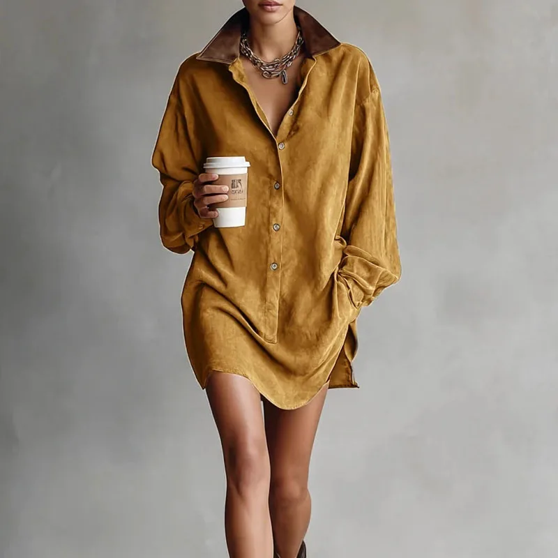 الفرنسية التباين التلبيب زر قميص اللباس امرأة الرجعية الصلبة الجلد المدبوغ فضفاض البسيطة فستان قصير الخريف طويلة الأكمام جيب البلوز اللباس #3