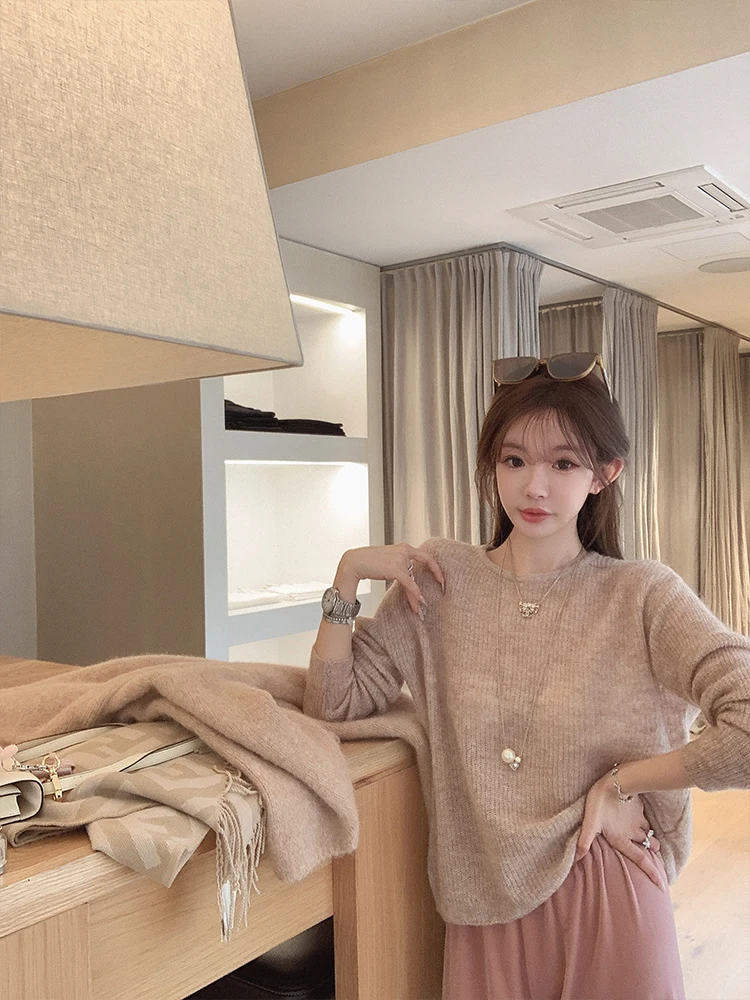 

Soft Fine Golden Musoom Top Comfortable Lazy Daily Wear Commute Sle Loose Fit Long Sve round Ne Sweater for Women