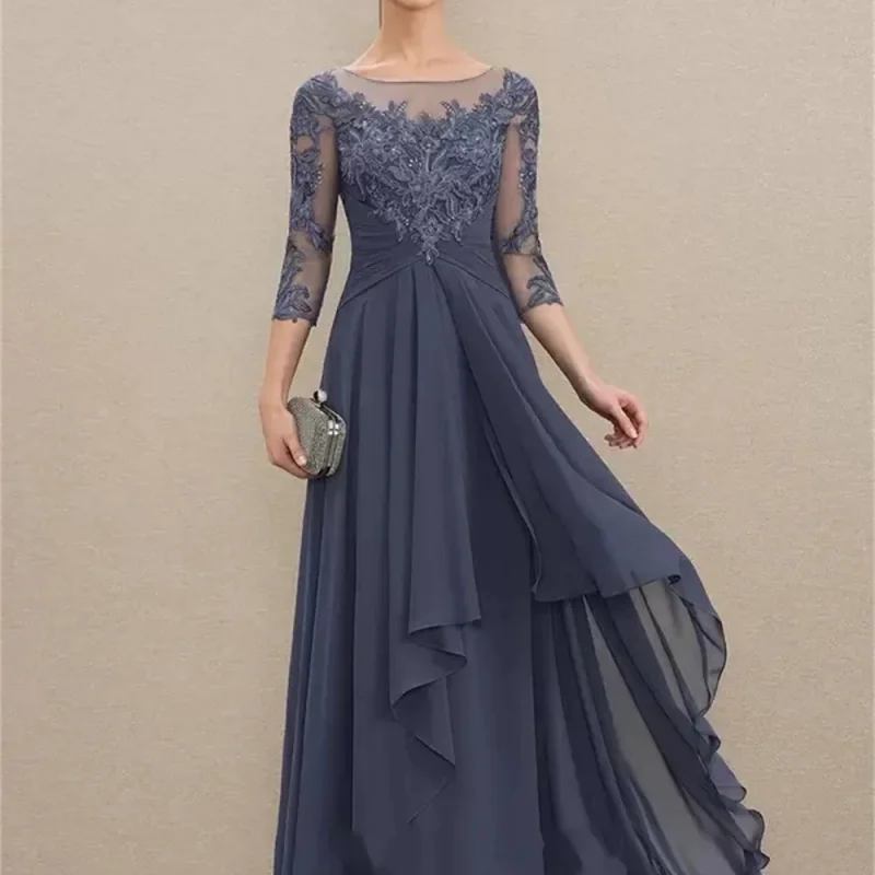 Elegant crew-neck A-line Evening gown Chiffon lace Mother of the Bride gown Layered ruffled gown