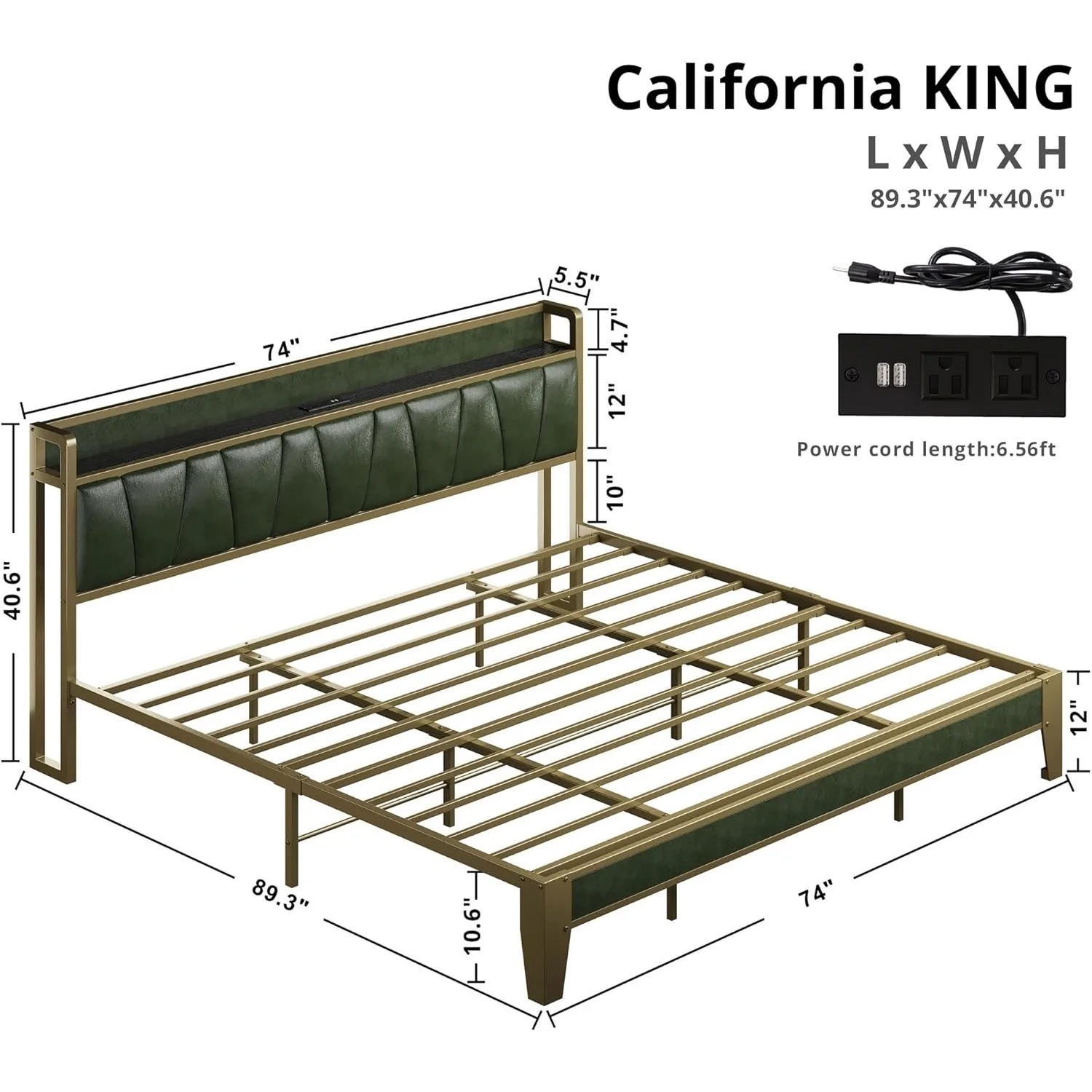 California King Bed Frame,Storage Headboard with Charging Station, Solid & Stable,Noise Free,No Box Spring Needed, Easy Assembly