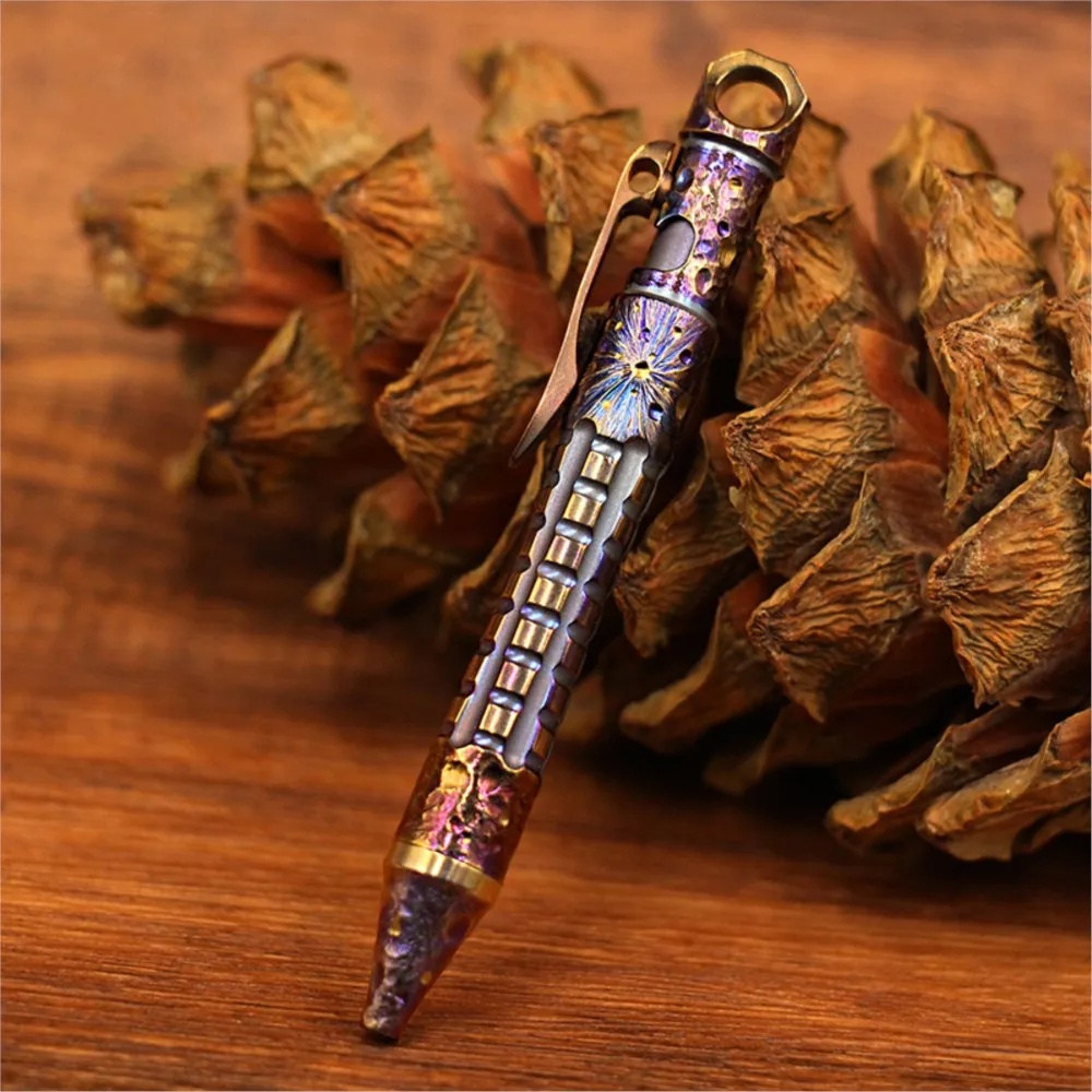 

Limited Edition Short Titanium Alloy Tactical Pen Self-defense Lockable Keychain Signature Pen Hand Carved EDC