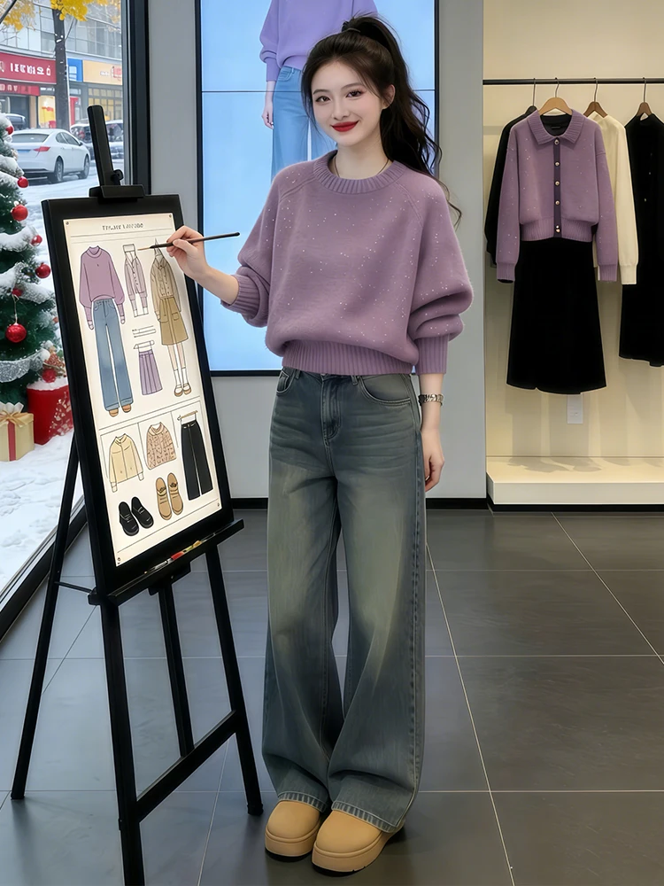 

Ele Lazy Sle Women's Knitted Sweater round Ne Sequin Winter Faion High Class Beautiful Loose Fit Comfortable Breath...