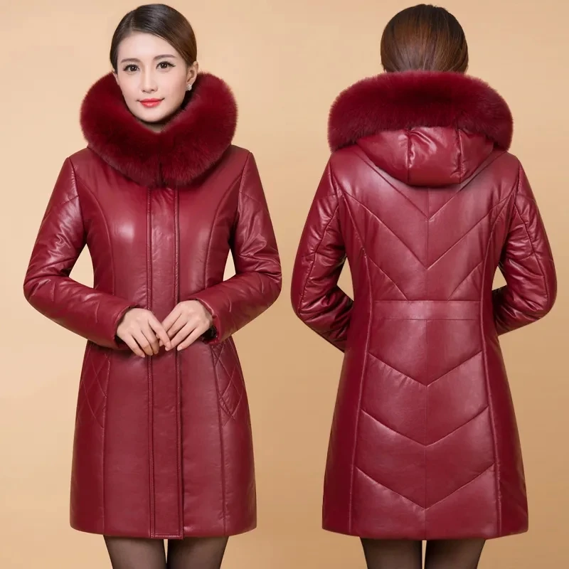 High End Women PU Leather Coat Winter New Fashion Thick Warm Faux Fur Collar Hooded Sheepskin Leather Jacket Outerwear Female