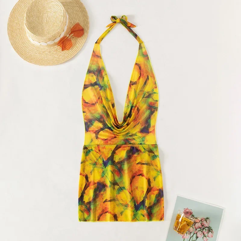 

Deep V Neck Halter Backless Print Tunic Beach Cover Up Cover-ups Beach Dress Beach Wear Beachwear Female Women Mini Dresses