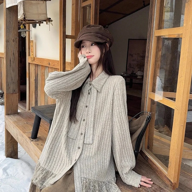 

Милый кружевной лоскутный вязаный свитер, женский винтажный полосатый кардиган с длинным рукавом, весенне-осенний однобортный свободный повседневный шикарный топ