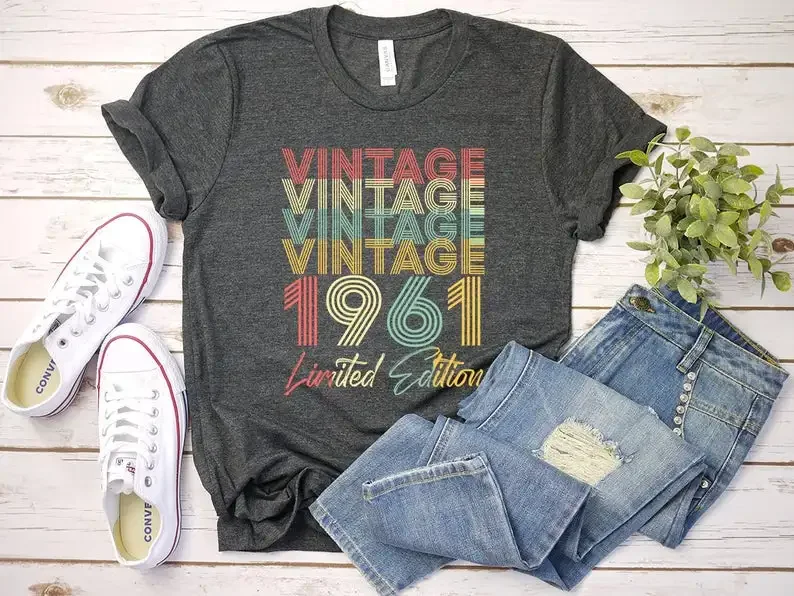 

62th Birthday Gift Shirt, Vintage 1961 Limited Edition Birthday Year Old Cotton Lady Clothes Fashion O Neck Short Sleeve Tees