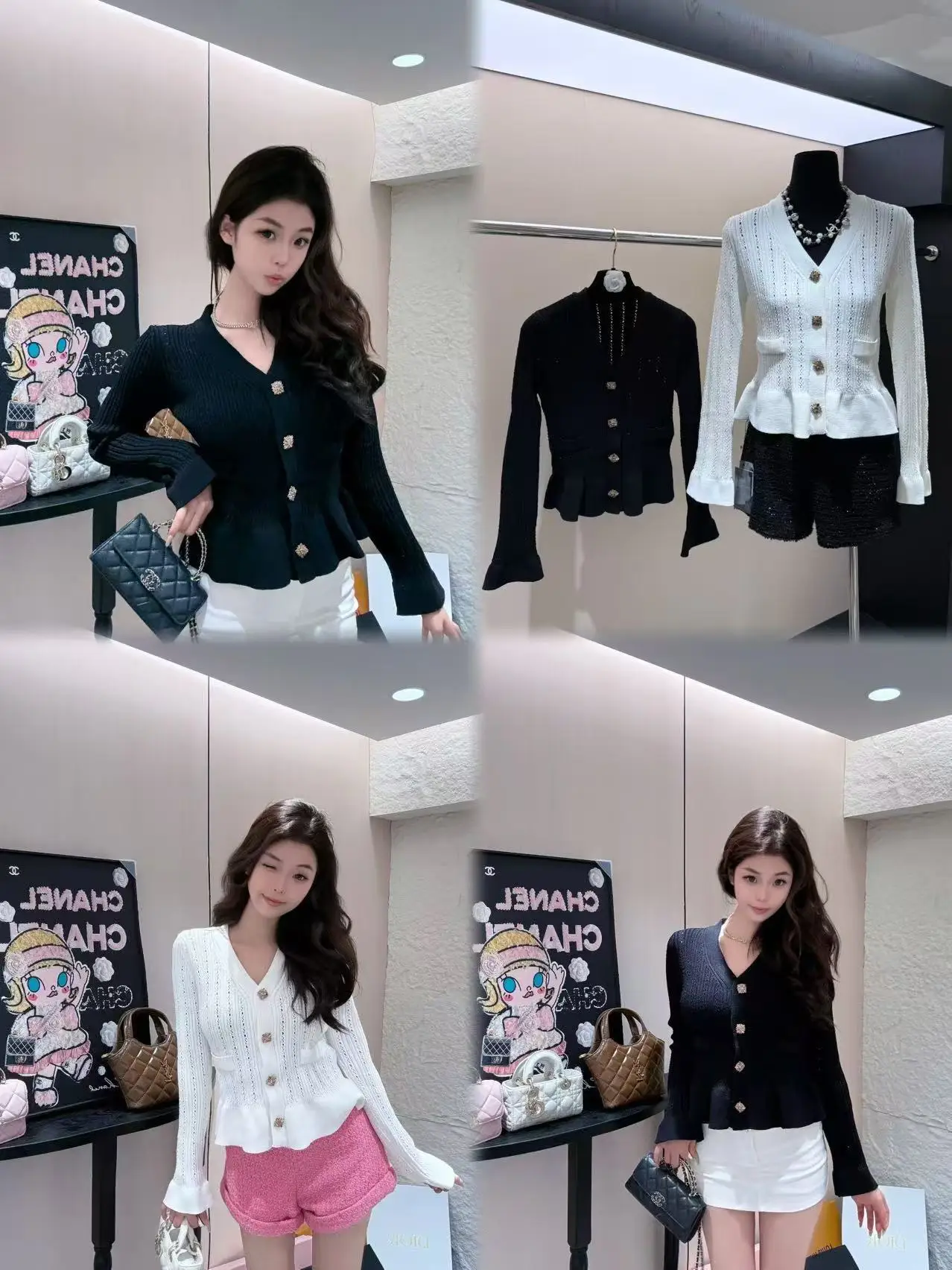

French V-neck Diamond Buckle Ruffle Edge Long Sleeve Slim-fit Knitted Cardigan Women Autumn Hollow Out Short Sweater Jacket C58
