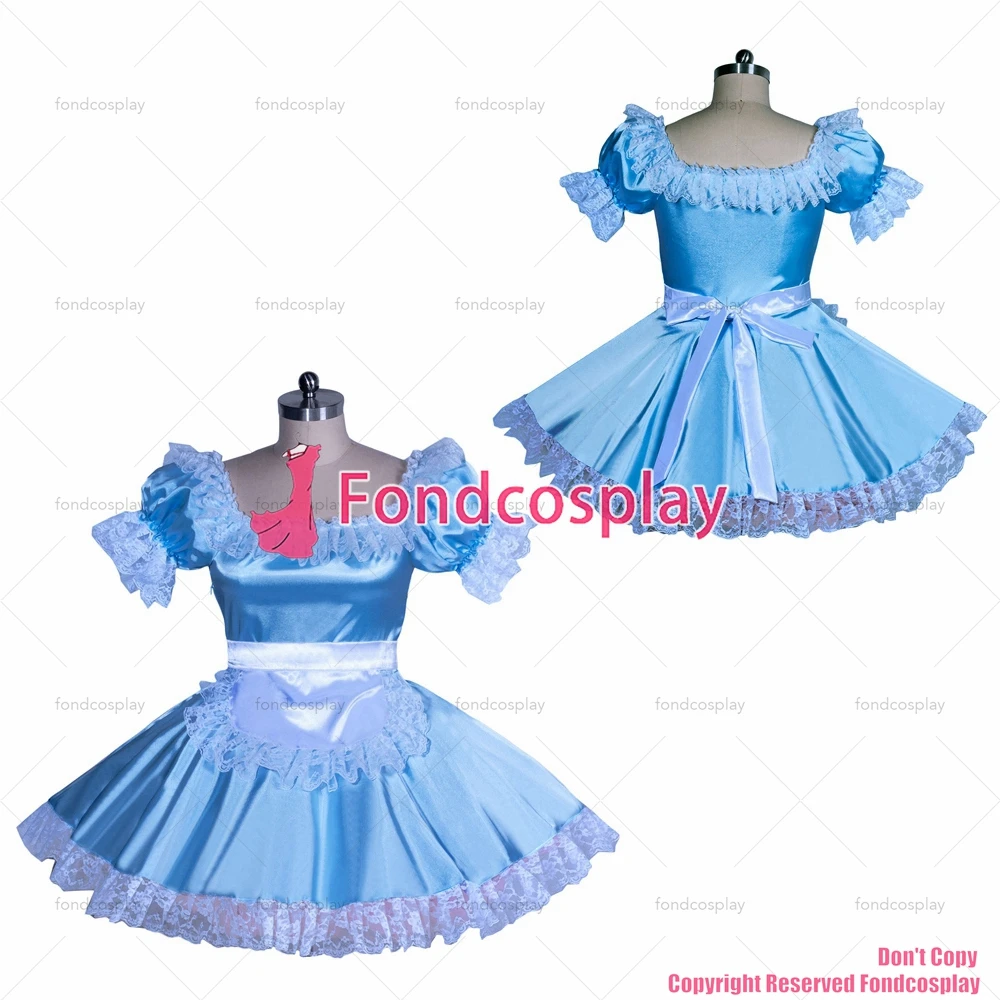 

fondcosplay adult sexy cross dressing sissy maid baby blue short French Satin Dress white apron Unisex CD/TV[G3930]