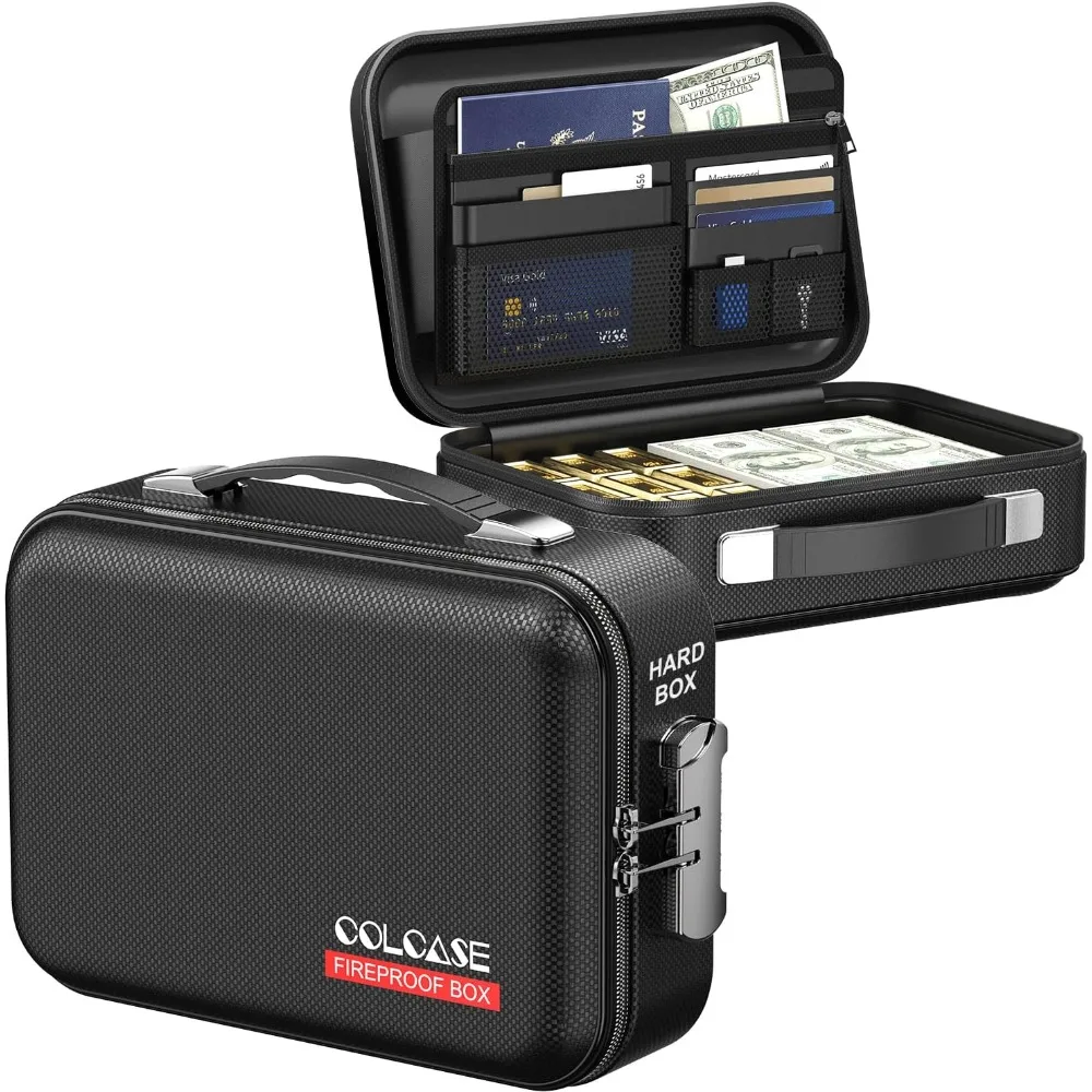 ロック付き耐火貯金箱、ハードシェルデザイン耐火防水ポータブル金庫、現金、パスポート、貴重品用