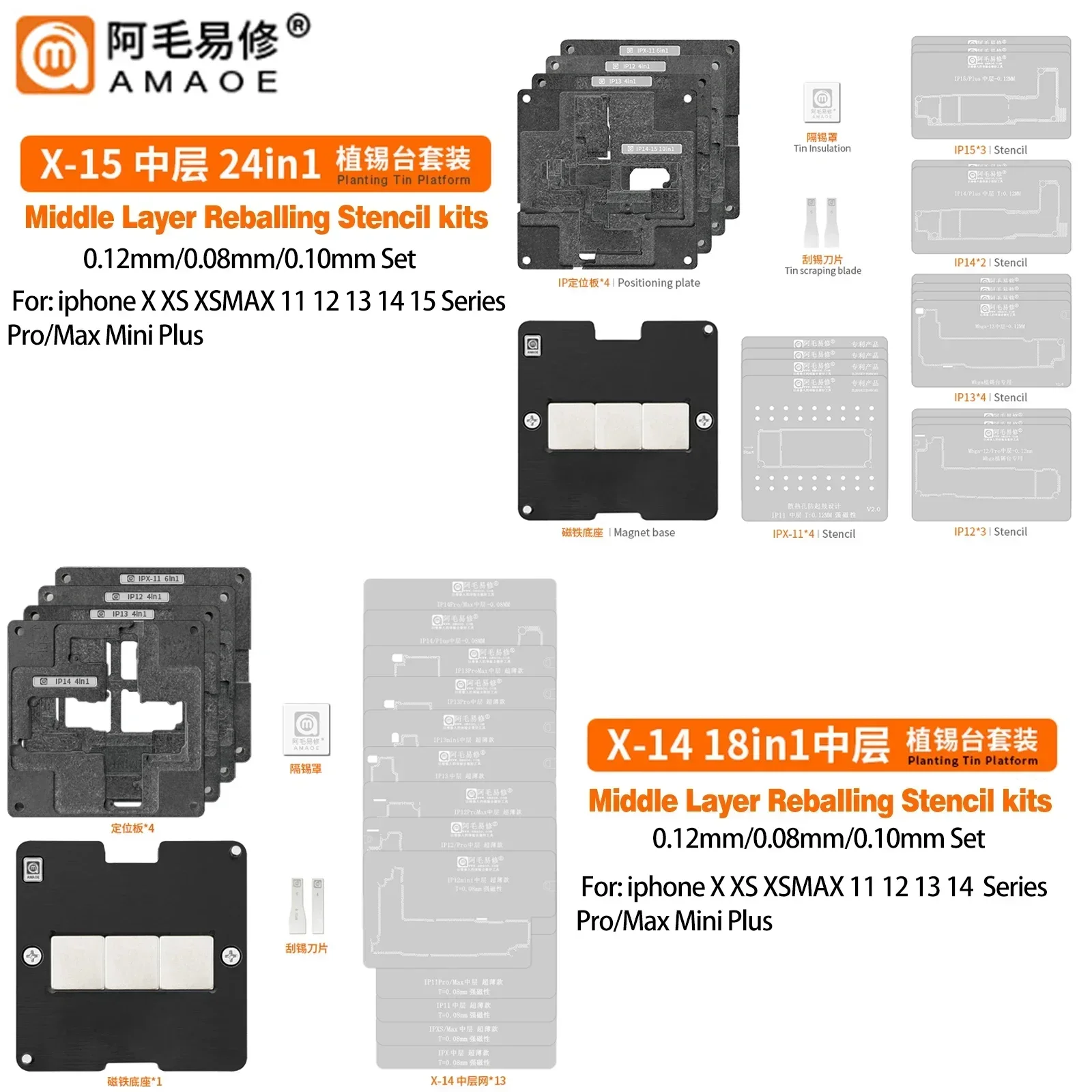 AMAOE IP X-17 28-in-1 Middle Layer Reballing Stencil Platform Kit for iPhone X–17 Pro Max Mini Plus Phone Repair