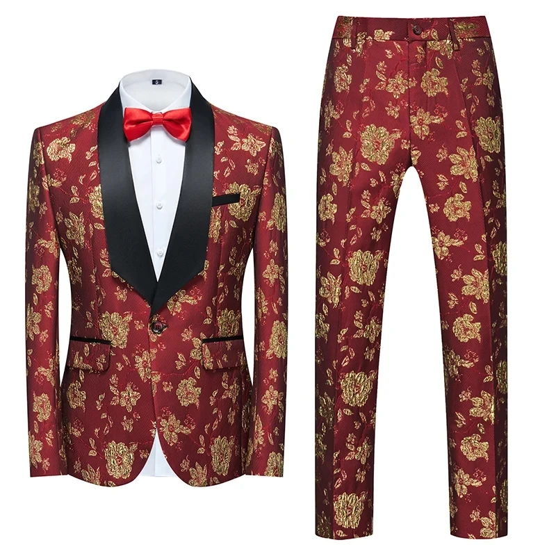 

New Autumn Golden-Red Men's Two-piece, Asian SizeSlim Fit Jacket with Trousers,Suitable for Wedding Parties Stage Performances.
