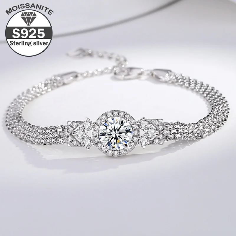 

S925 Sterling Silver Luxury 2 Carat Moissanite Diamond Adjustable Bracelet18k Golden Plated for Women Fine Jewelry 18g