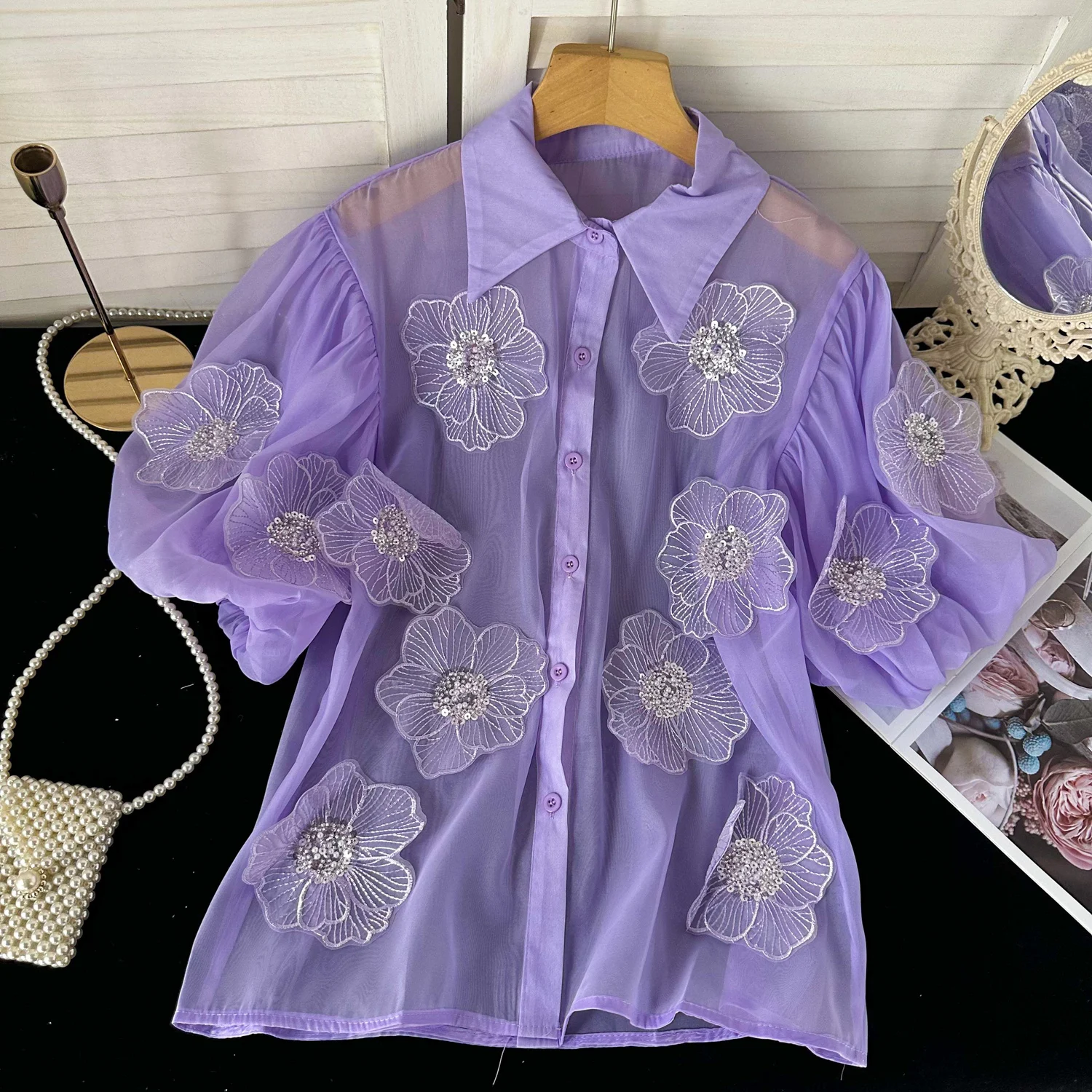 Clothland Women Sweet Flower Sequined Blouse Embroidery Short Sleeve Transparent Shirt Sexy Chic Tops Blusa Mujer DA552