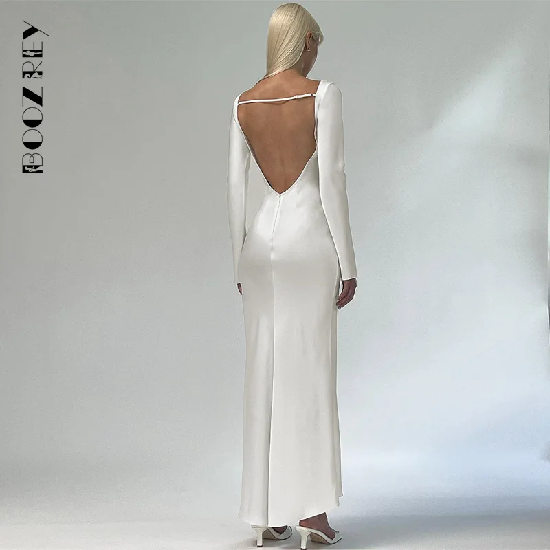 

BoozRey Elegant Solid O-Neck Long Sleeve Backless Maxi Dresses For Women 2023 Fall Silver Slim Sexy Club Party Dress Outfits