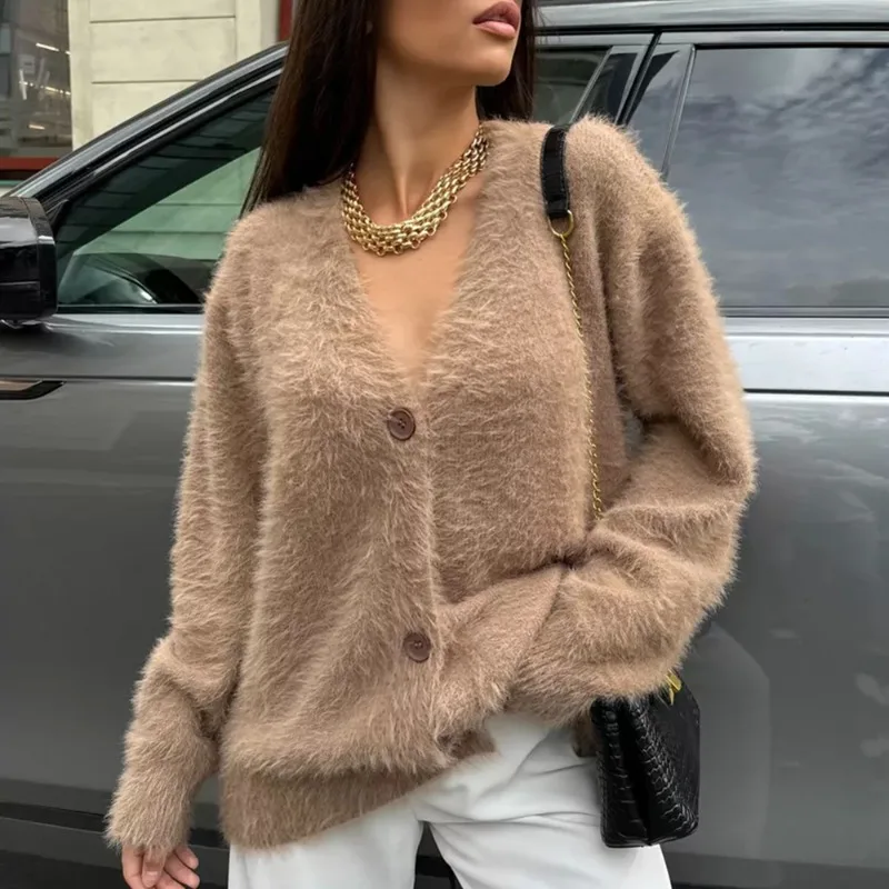 Women's 2026 Autumn Winter New Slouchy Faux Mink V Neck Loose Knit Cardigan Sweater Cashmere Chic Trendy