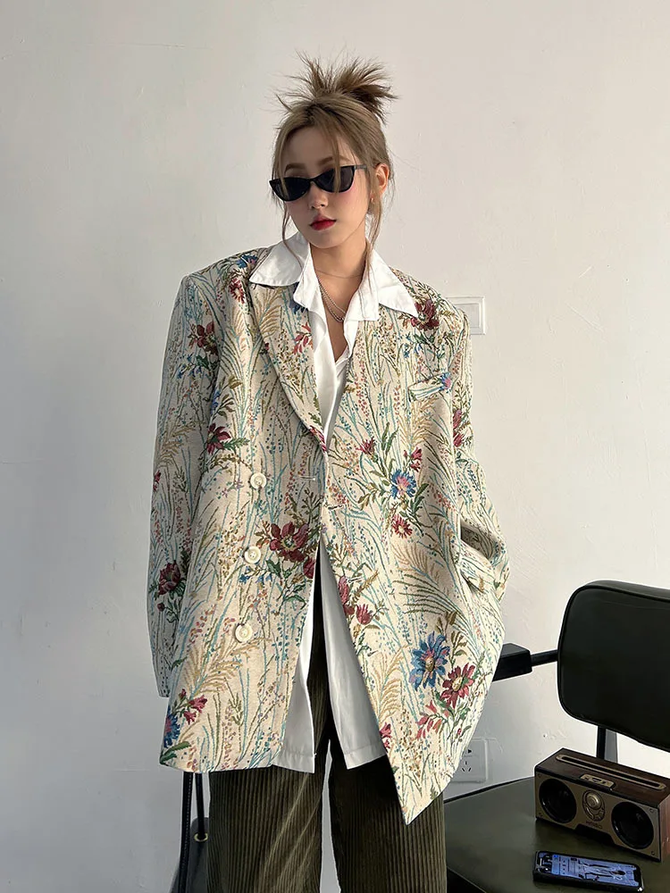 Women Blazer Color Matching Printin Loose Women Blazers And Jackets Vintage Leisure Long Oversized Suit Coats Women 2023