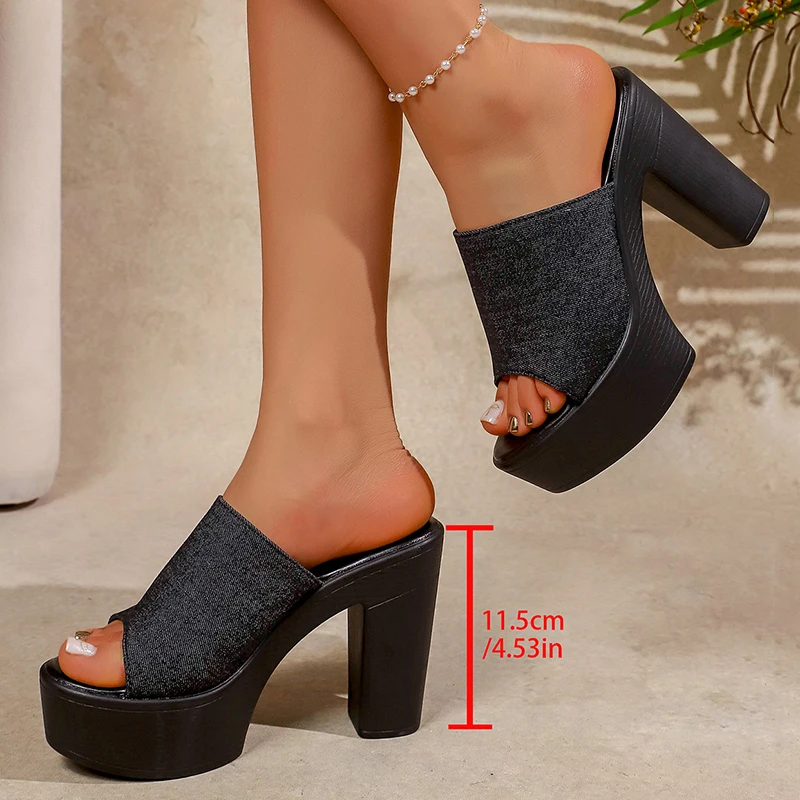 Blue Denim High Heel Sandals for Women 2026 Summer Chunky Platform Thick Heels Slippers Woman Plus Size 43 Fashion Party Shoes image 6