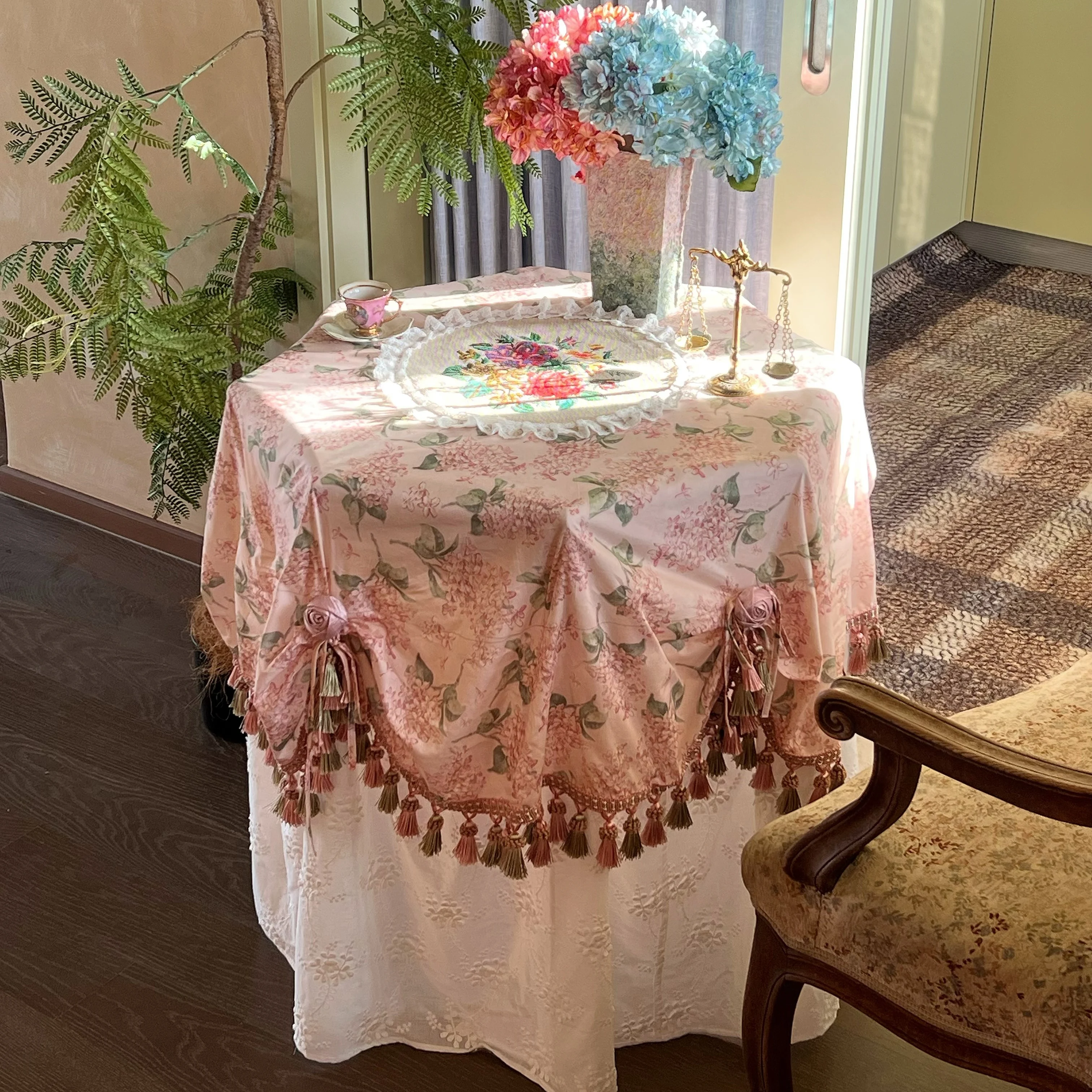 

"Lilac Whispering" retro skirt, tablecloth, table skirt, French Xinjiang cotton, fringed full embroidery process