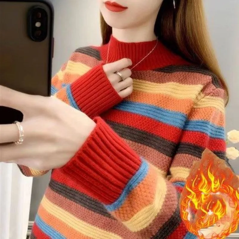 Autumn and Winter Women's Pullover Half High Neck Striped Sweater Loose and Thickened Knitted Underlay Fashion Long Sleeve Tops