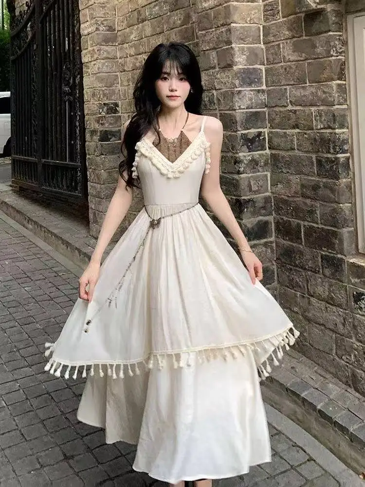 New Aesthetics Chinese Style Elegant Suit Woman Korean Fashion Set Casual Crop Tops + Irregular Sleeveless Tassels Dress Chic - view 2