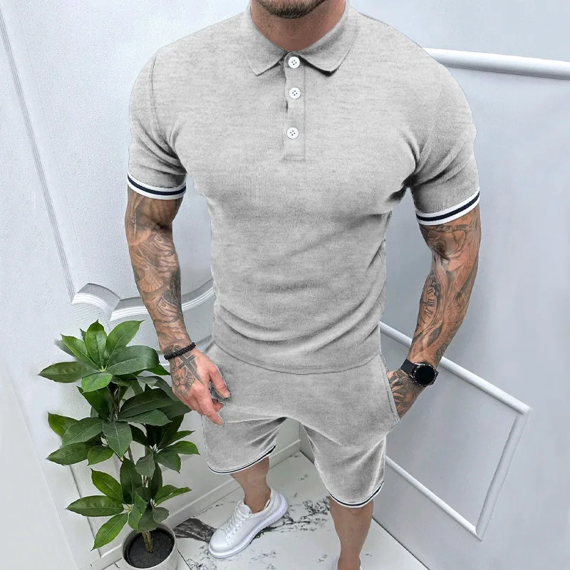 

2025 new spring and summer men's solid color lapel buttoned splicing short-sleeved shorts two-piece sports casual men's suit