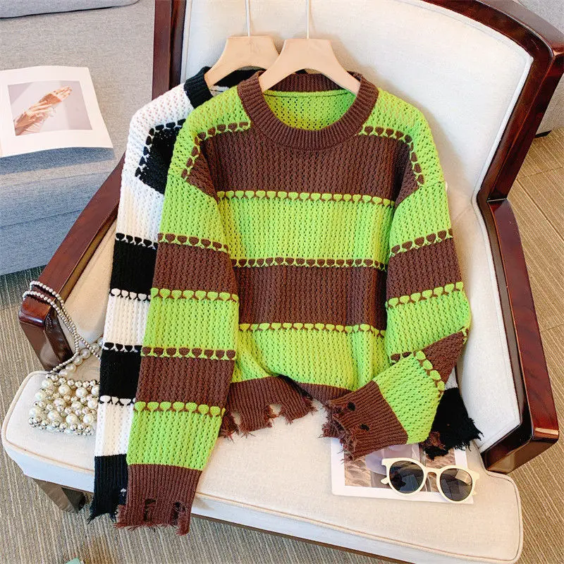 

2023 New Arrival Autumn Women Loose Fit Casual O-neck Pullovers Vintage Striped Long Sleeve Soft Knitted Sweater D577