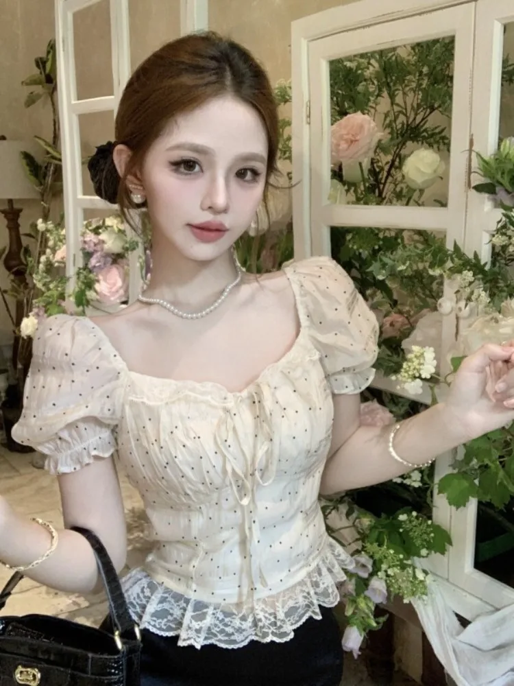 

Summer Lace Bubble Sleeve Shirt Women's Short Style Square Collar Princess Sleeve Pure Desire Sweet And Spicy Girl Fashionable