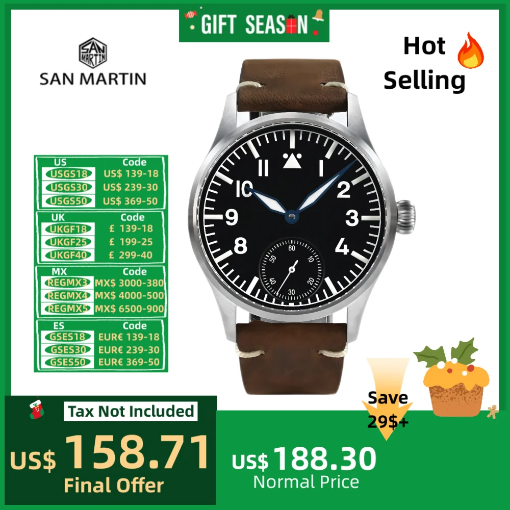 San Martin 41mm Retro Pilot Watch For Men Mechnical Wristwatch NH35 ST3621 100Meters Military Quality Timepiece Lume SN0117G