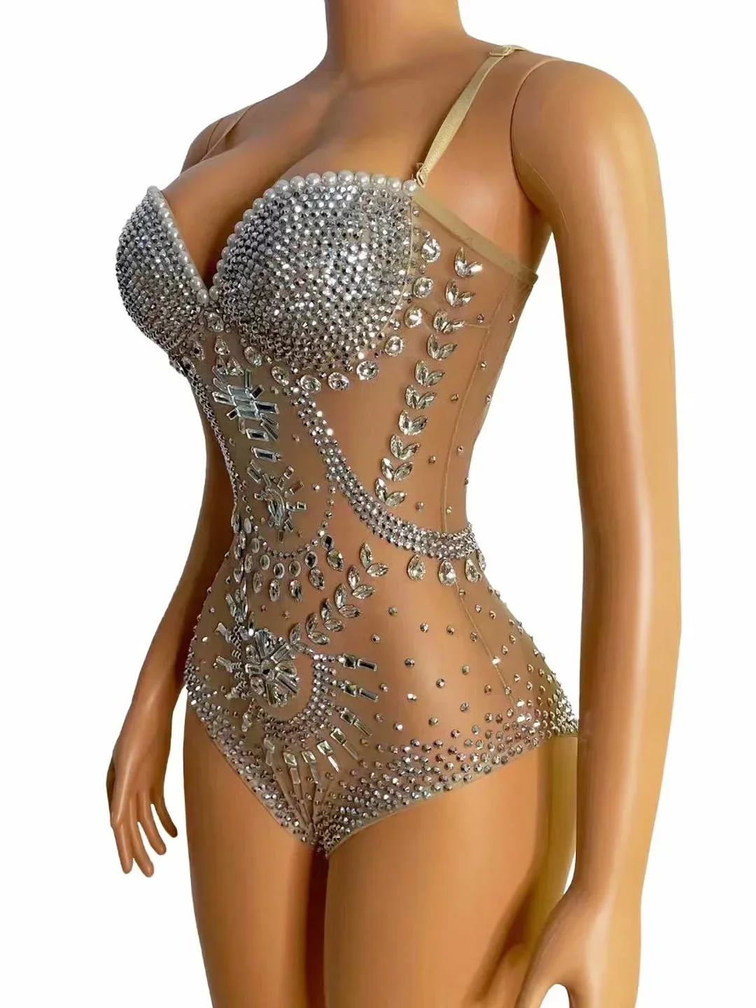 Fashion Sling Jumpsuit Shining Crystal Mesh Transparent Women Bodysuit Party Nightclub Dance Stage Performance Clothing