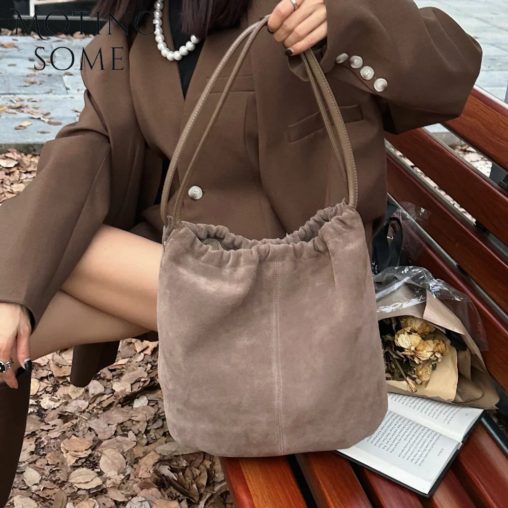 Motingsome Women Suede Leather Bucket Bags Shoulder Handbag Purses Fashion Lazy Style Lady Daily Bag Retro Casual Tote 2024 New