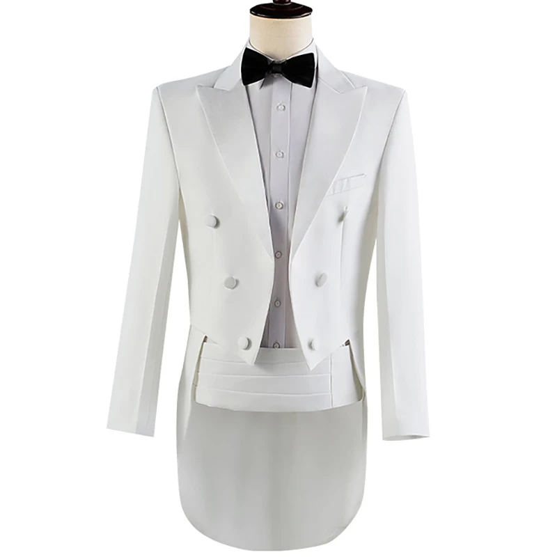 

Mens White Tuxedo Blazer Pants 2PCS Set Gentlemen Elegant Swallow-tailed Dress Blazer Party Wedding Stage Prom Jacket Suit Homme