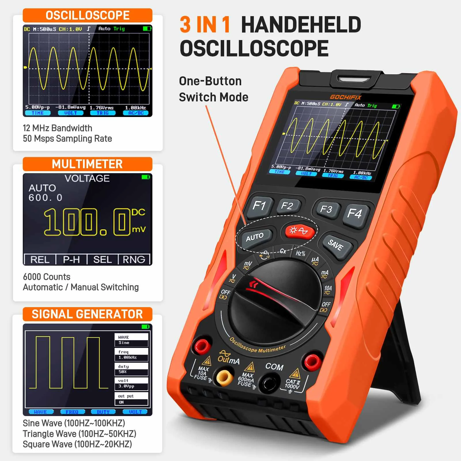 Handheld Oscilloscope Multimeter Waveform Generator Portable 3 in 1 12MHz Bandwidth 50MSa/s USB Charging Oscilloscopes